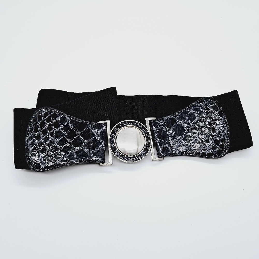 Wide reptile embossed pattern faux patent statement elastic belt